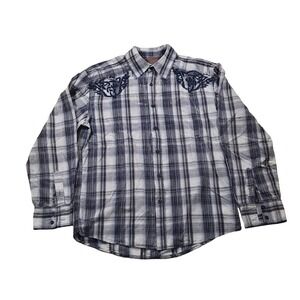 Roar Plaid Button-Up Shirt Mens Sz L Blue Gray Embroidered Casual Western Cowboy